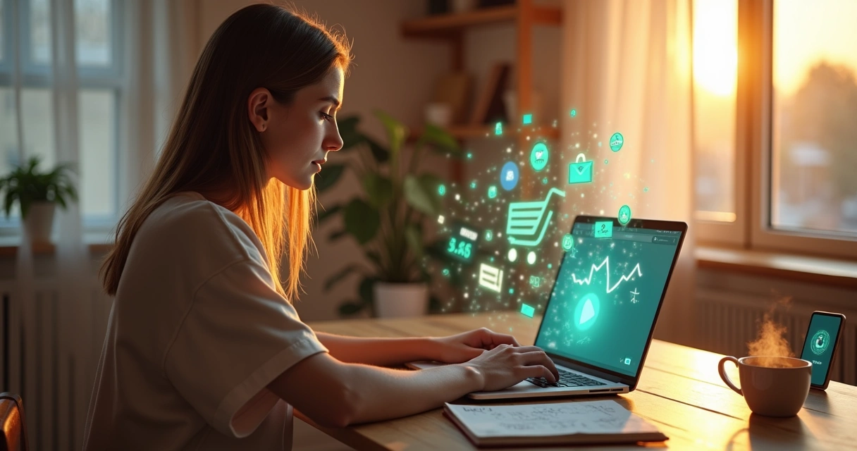 Mulher trabalha em home office com ícones de dinheiro digital na tela do notebook 