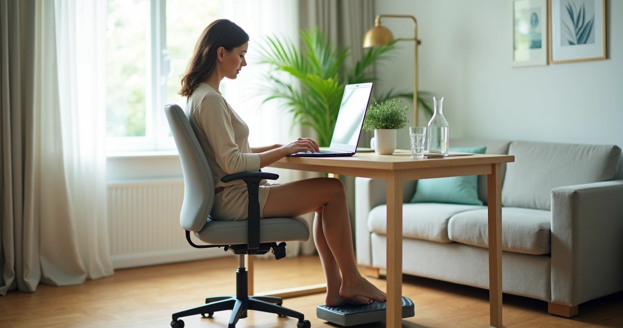 Mulher trabalhando em home office com pés apoiados e meias de compressão 