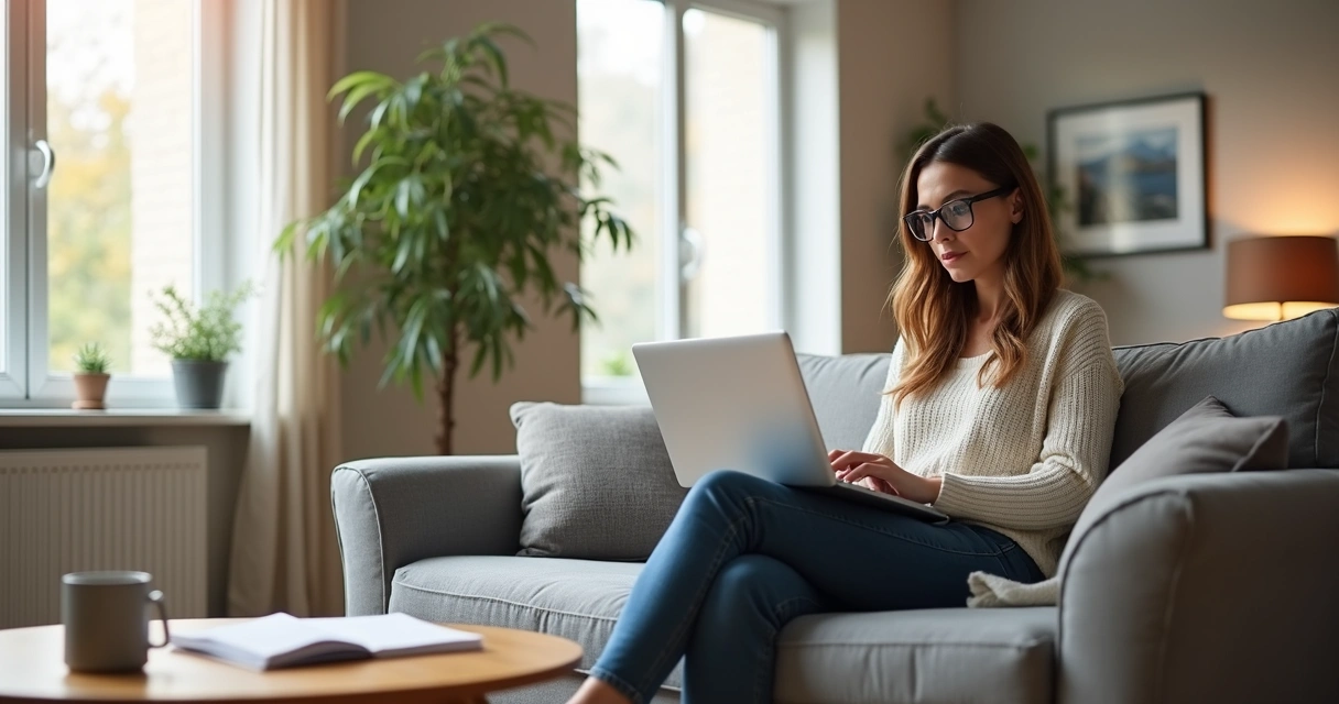 Mulher trabalhando em home office sentada no sofá, com notebook no colo e uma xícara na mesa de centro