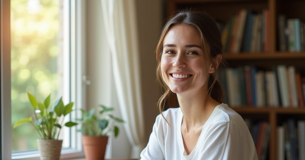 Mulher sorrindo com expressão de bem-estar e pele saudável 
