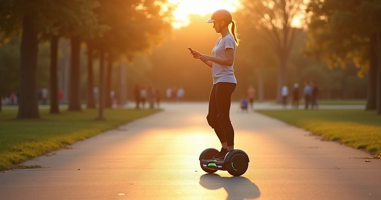 Mulher usando hoverboard em parque ao pôr do sol com equipamento de segurança 