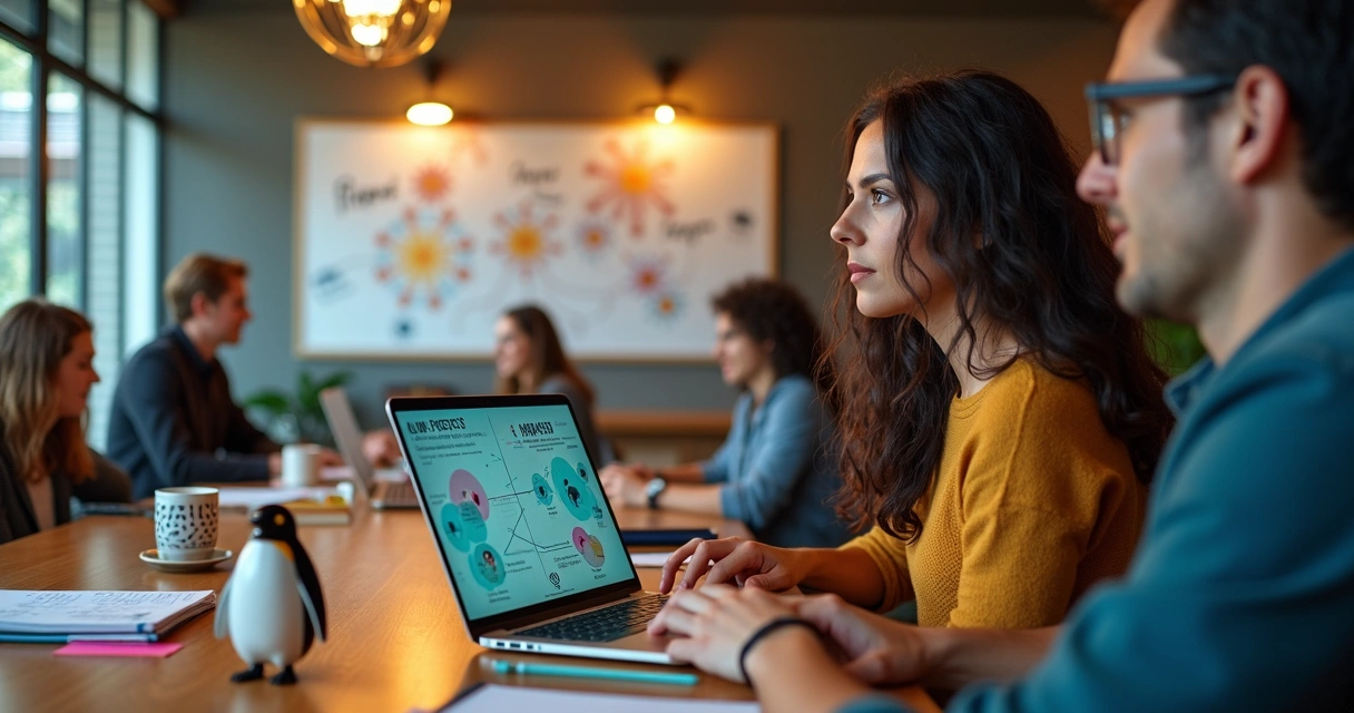 Mulher em cafeteria colaborativa usando notebook com interface de IA enquanto conversa com pessoas ao redor 