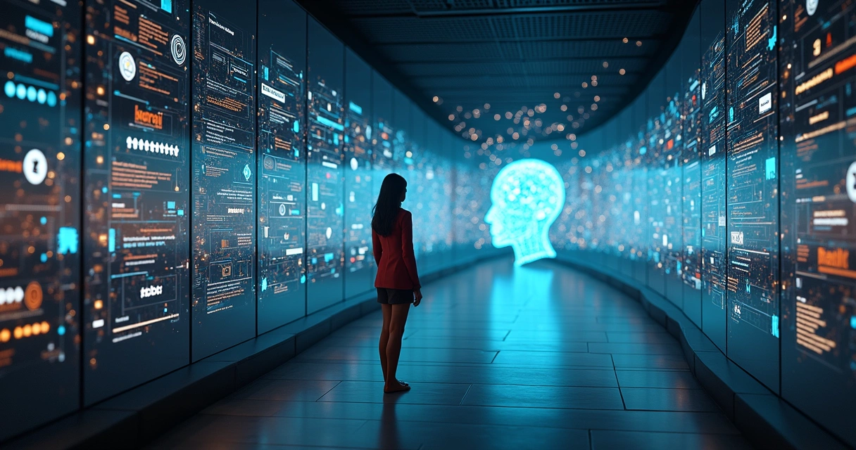 Empresária observa túnel digital com logos de marcas conectados por trilhas de luz 