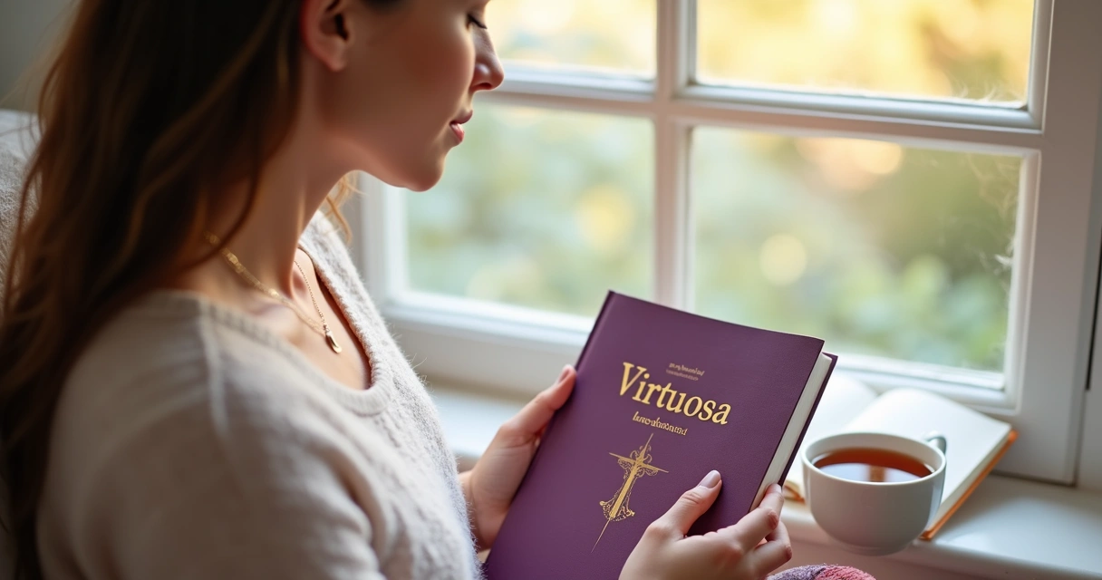 Mulher orando e refletindo com livro devocional sobre identidade cristã ao lado 