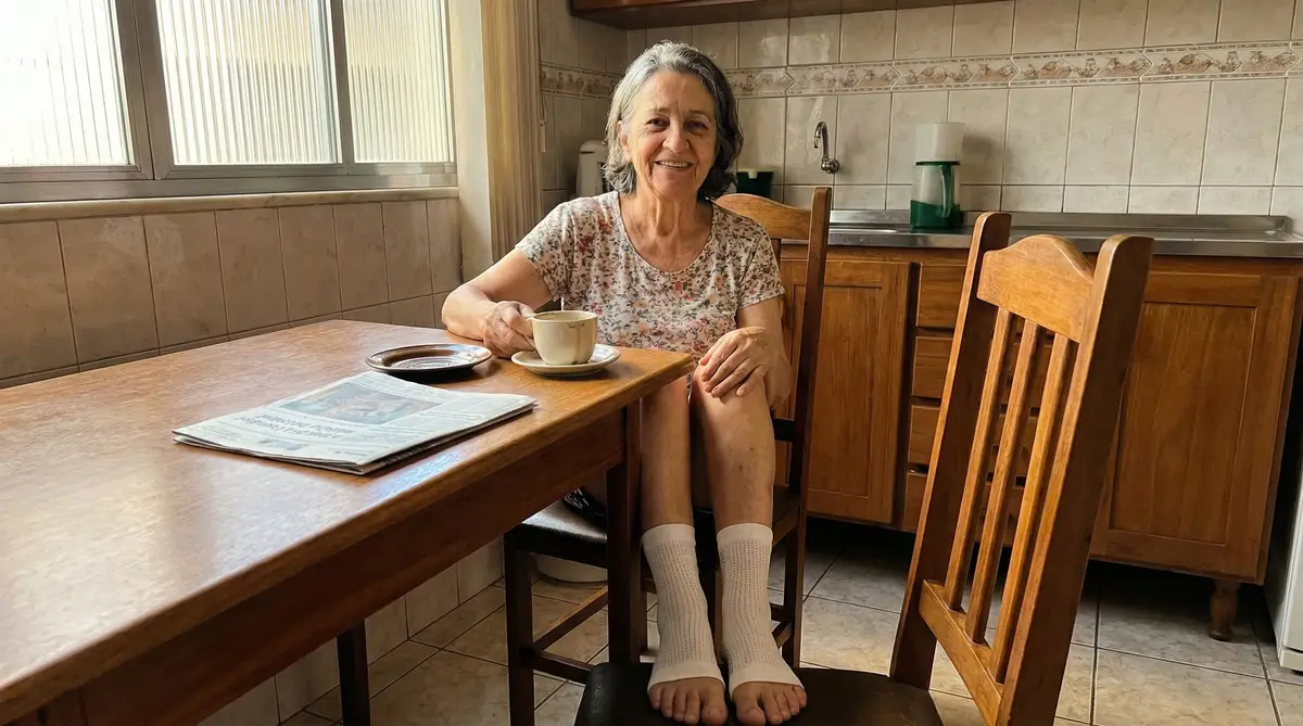 Mulher idosa sentada na cozinha com meias de compressão NeuroFit, segurando uma xícara de café e sorrindo
