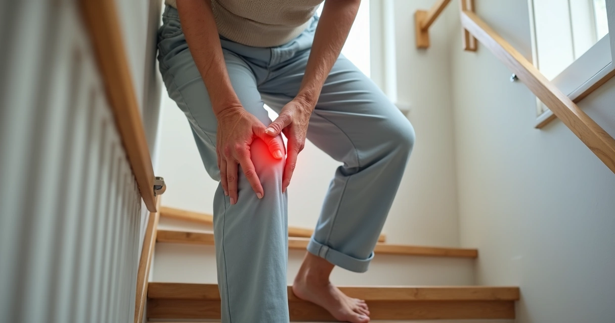 Mulher idosa segurando o joelho com dor ao subir escada 