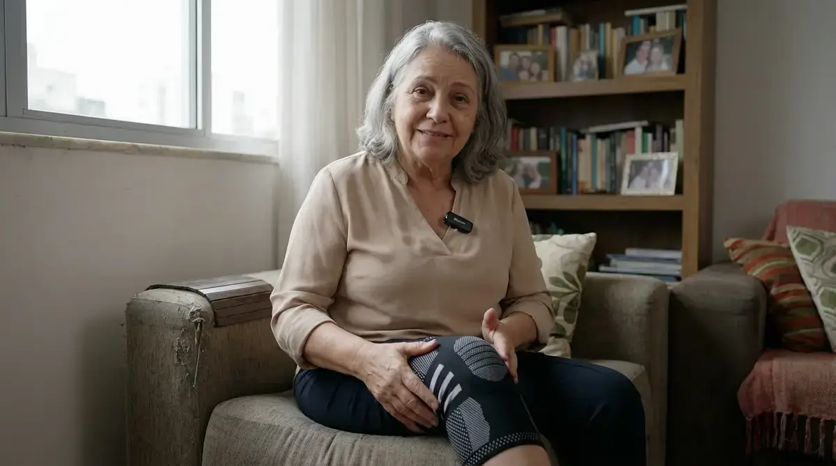 Mulher idosa sentada no sofá usando joelheira de compressão preta com detalhes cinza