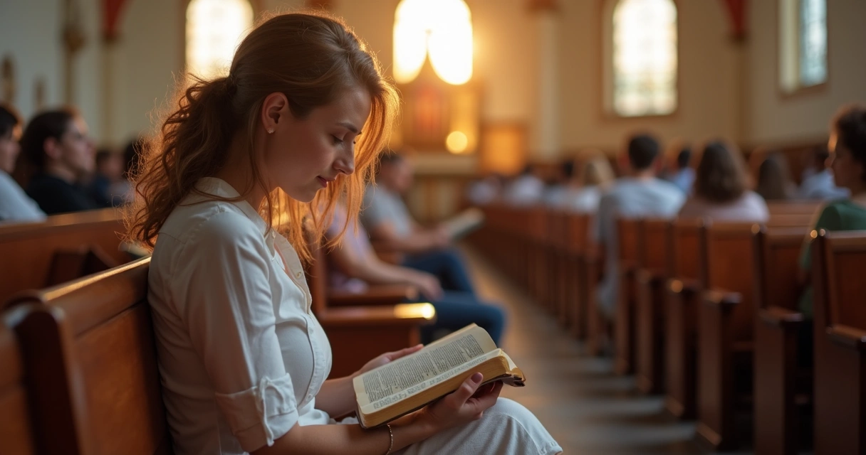 Mulher sentada em igreja cristã lendo a Bíblia 