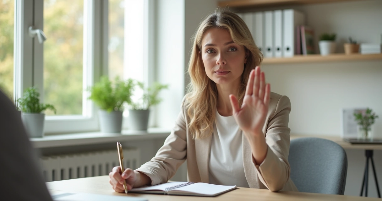 Mulher adulta com expressão serena fazendo gesto de limite com a mão em ambiente de trabalho 