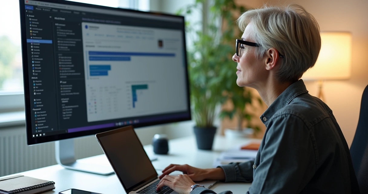 Mulher usando óculos multifocal em frente ao notebook, inclinando a cabeça para enxergar melhor 