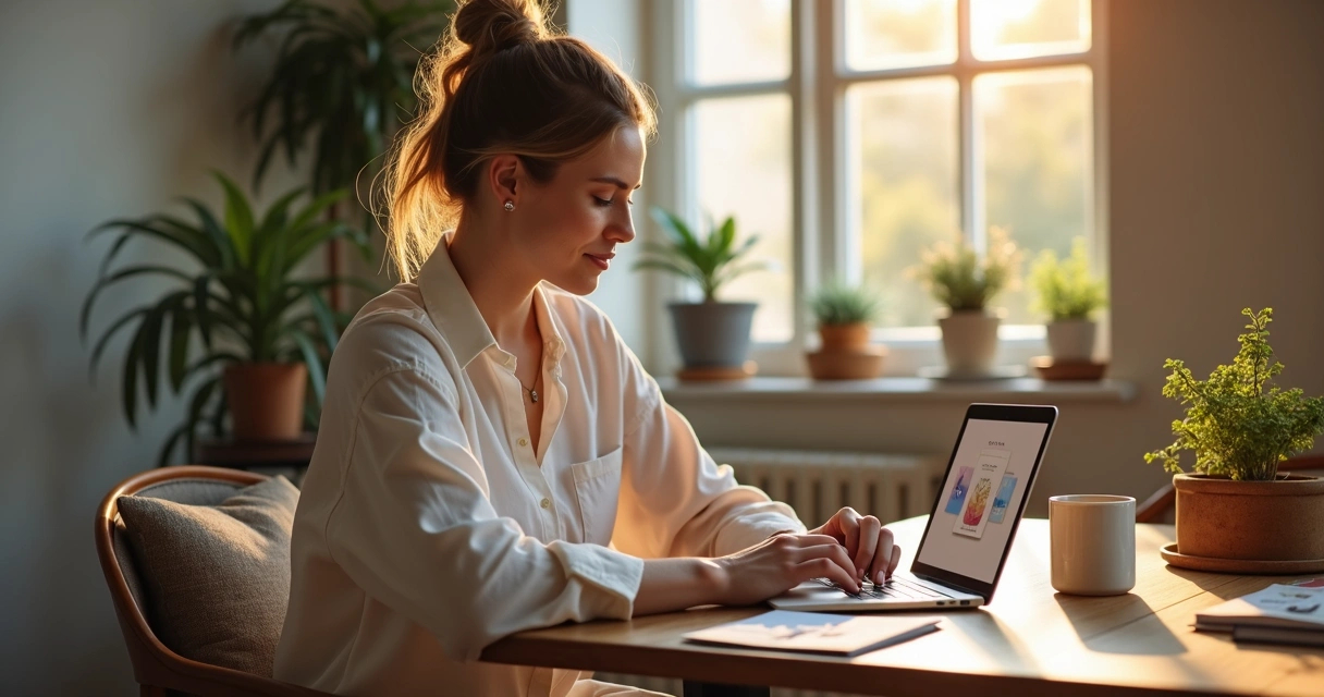 Mulher sentada em uma mesa moderna, rodeada por presentes criativos como caixas personalizadas, cartas e acessórios de autocuidado, ambiente iluminado e acolhedor 