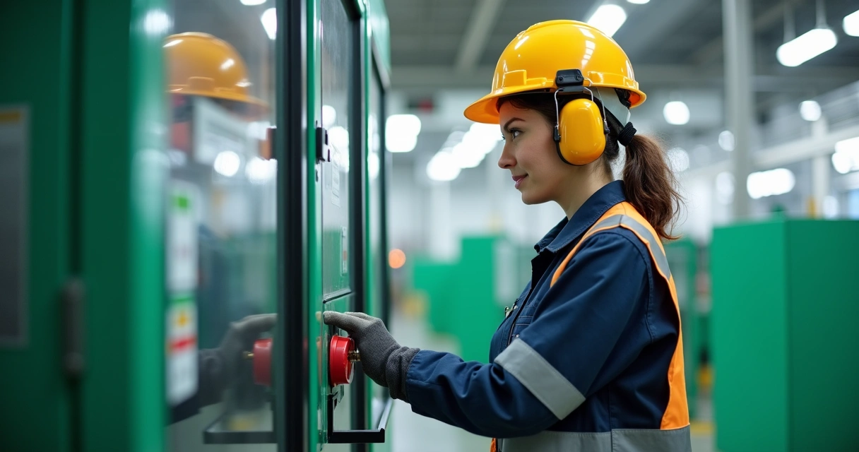 Mulher usando EPI em ambiente industrial