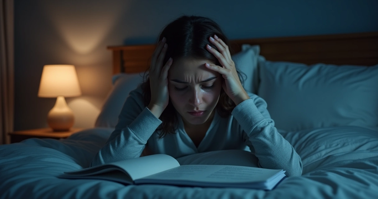 Mulher com expressão exausta sentada na cama, com ambiente escuro ao fundo
