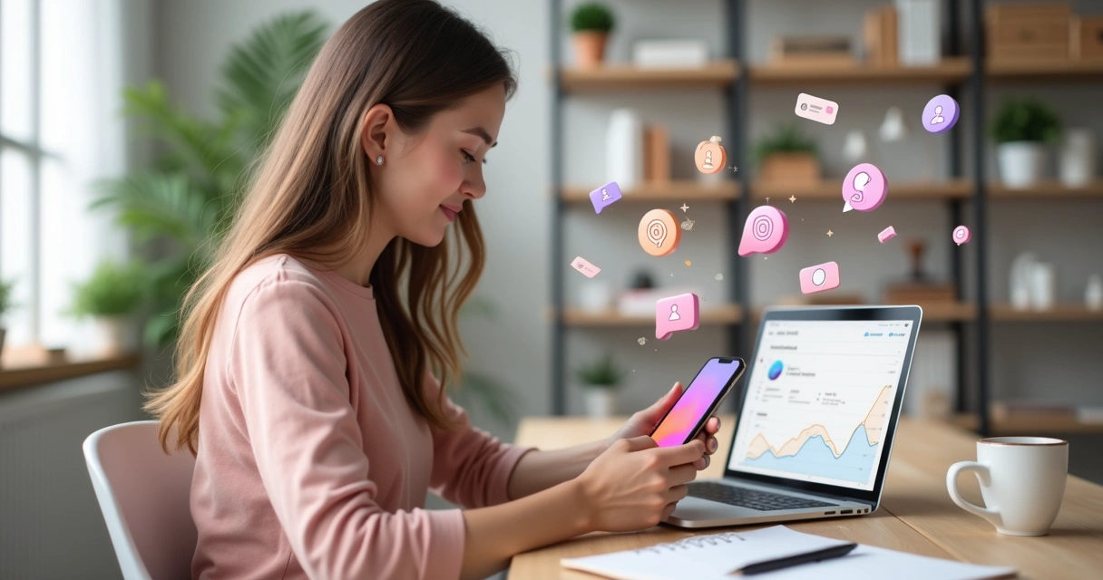 Mulher mexendo no celular com tela do Instagram e ícones de seguidores reais ao redor 