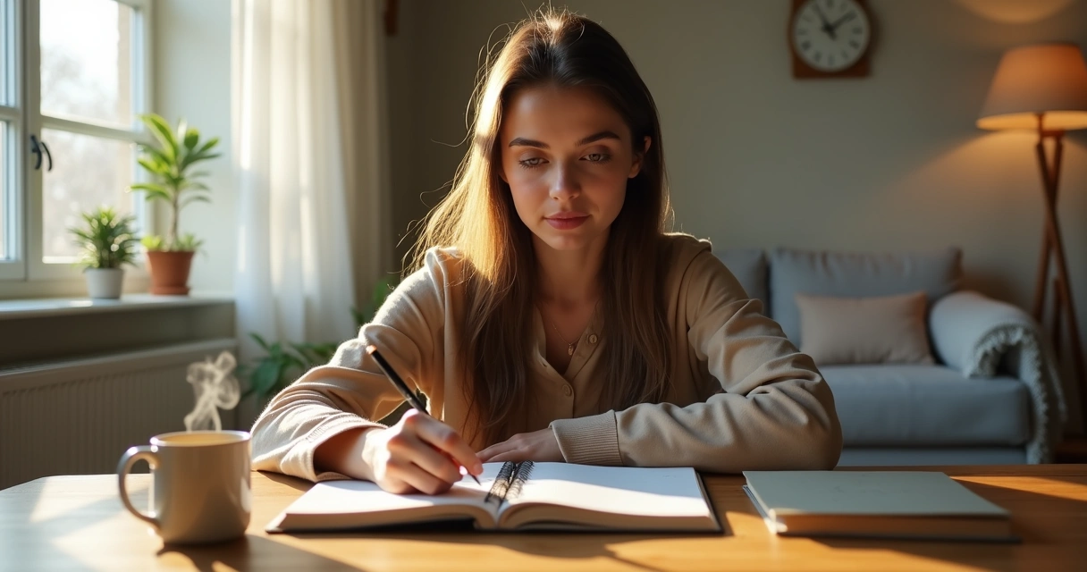 Mulher sentada refletindo com luz quente e fria dividindo o rosto 
