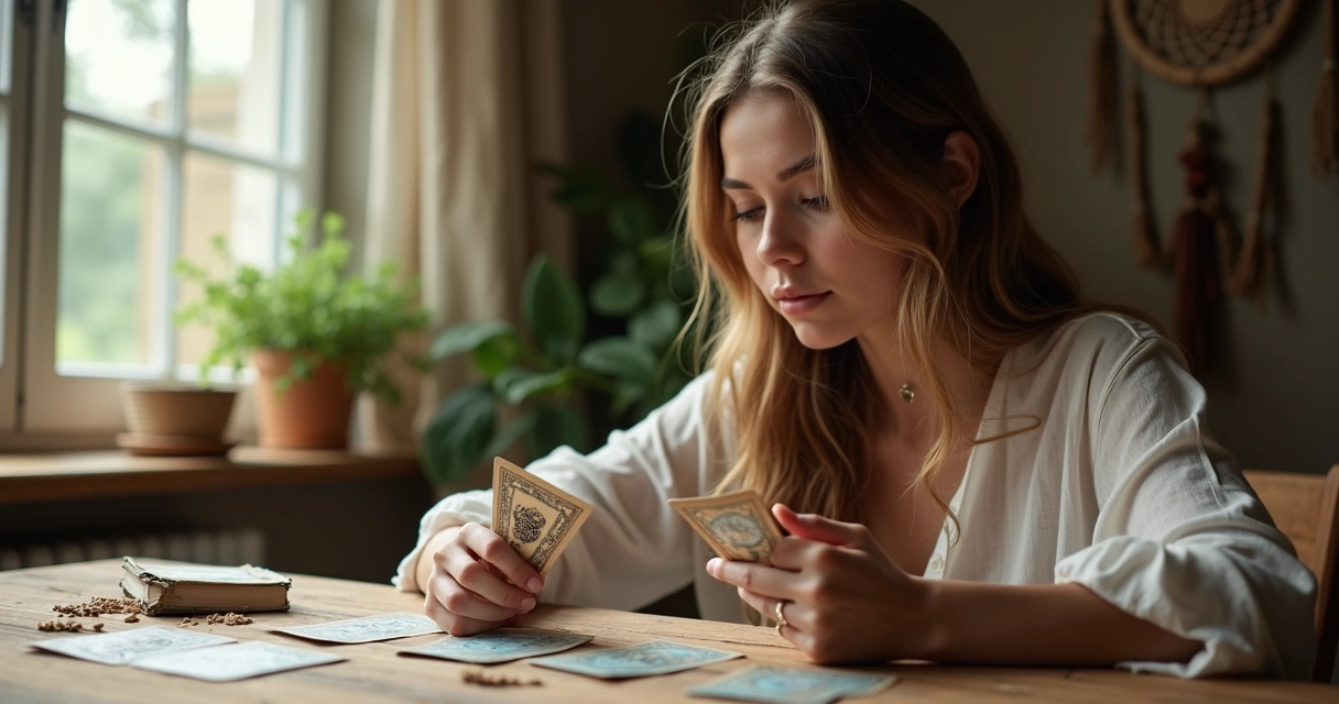 Mulher interpretando cartas de tarot em mesa de madeira 