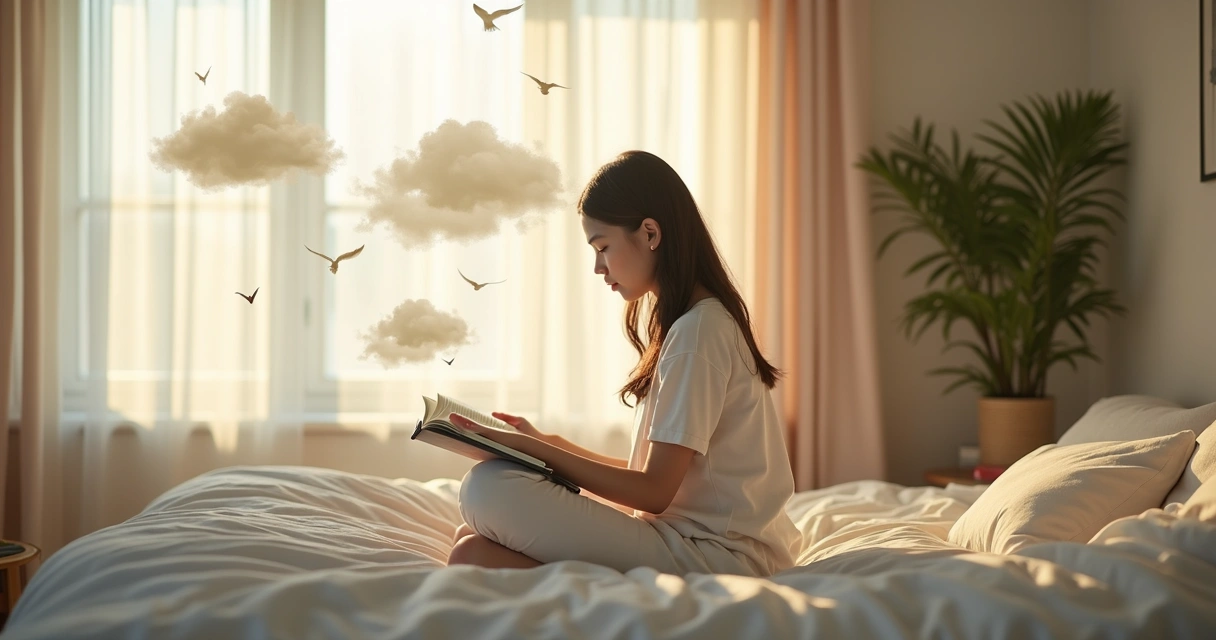 Mulher sentada na cama ao amanhecer lendo seu diário 