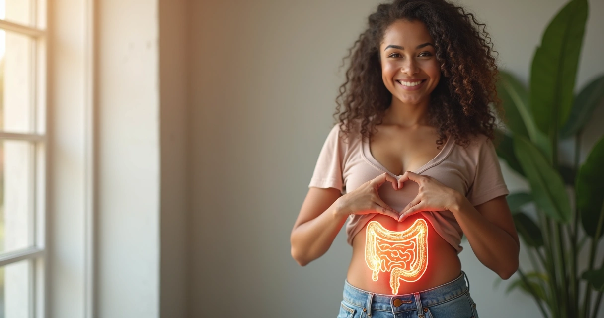 Mulher sorrindo com desenho de intestino saudável na barriga 
