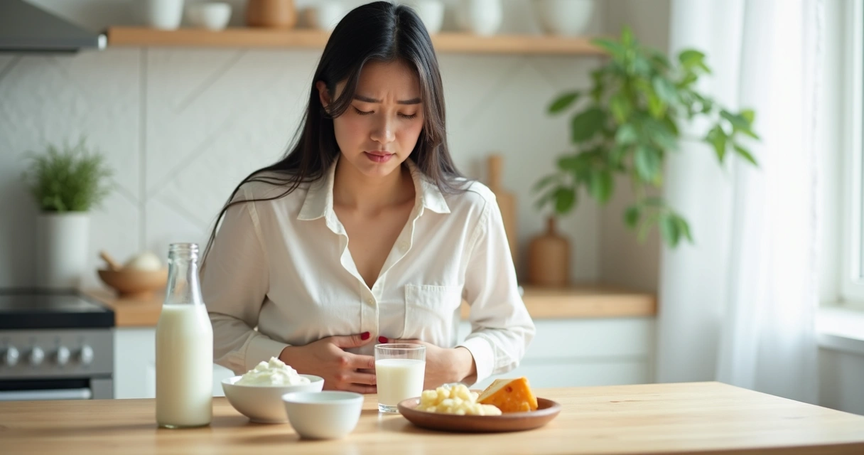 Mulher com desconforto leve segurando a barriga ao lado de um copo de leite e opções sem lactose sobre a mesa 