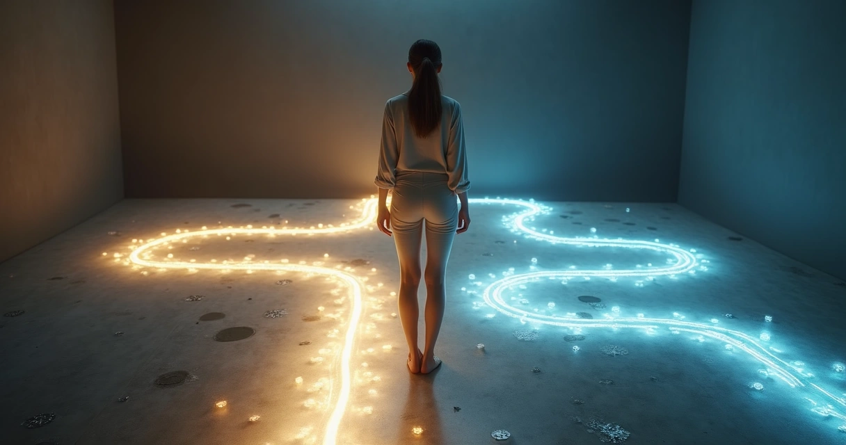 Mulher em sala escura olhando encruzilhada iluminada no chão 