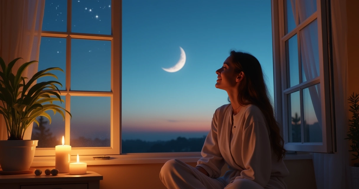 Mulher sentada à janela olhando lua nova 