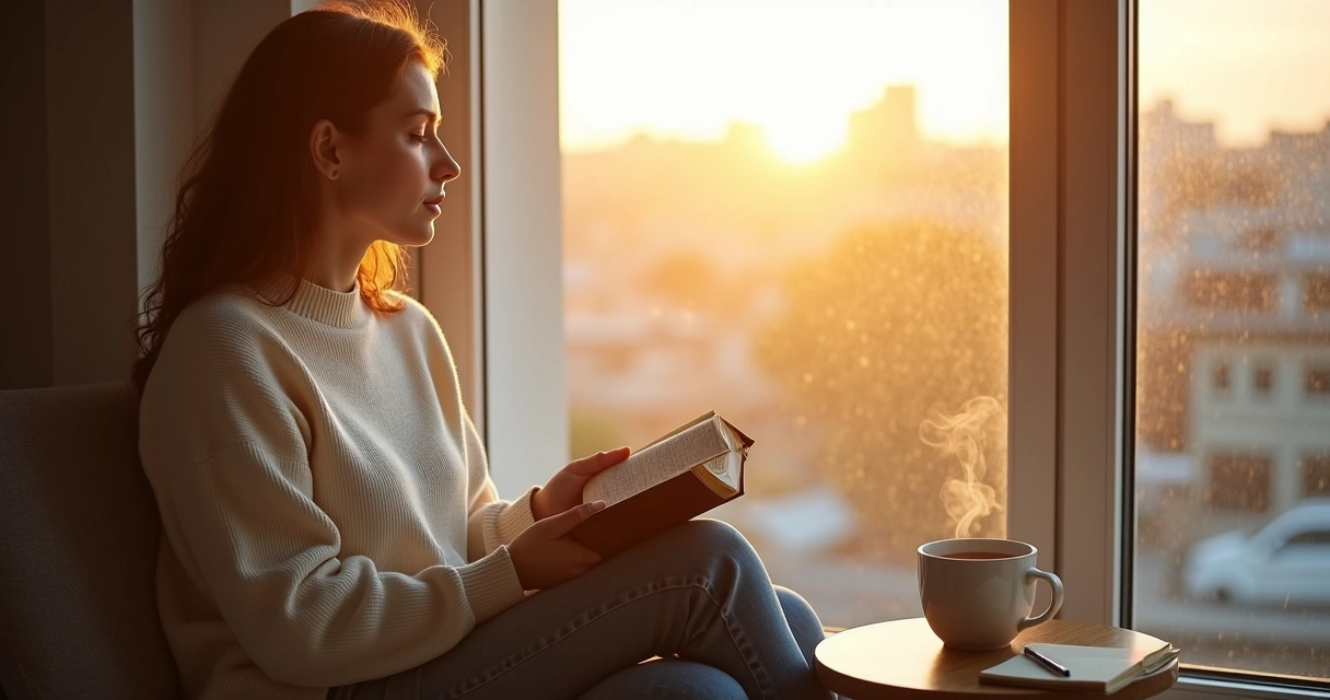 Mulher cristã olhando pela janela com luz do amanhecer transmitindo esperança 
