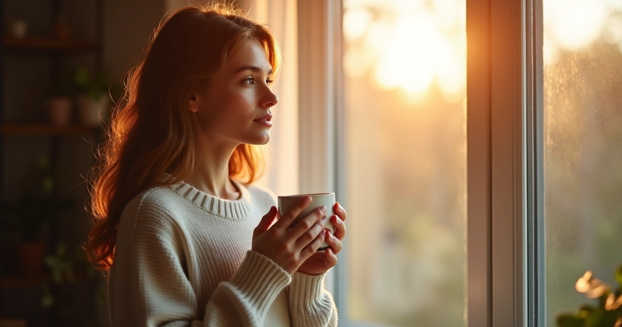Mulher olhando pela janela segurando uma caneca, com expressão reflexiva e luz suave no rosto. 
