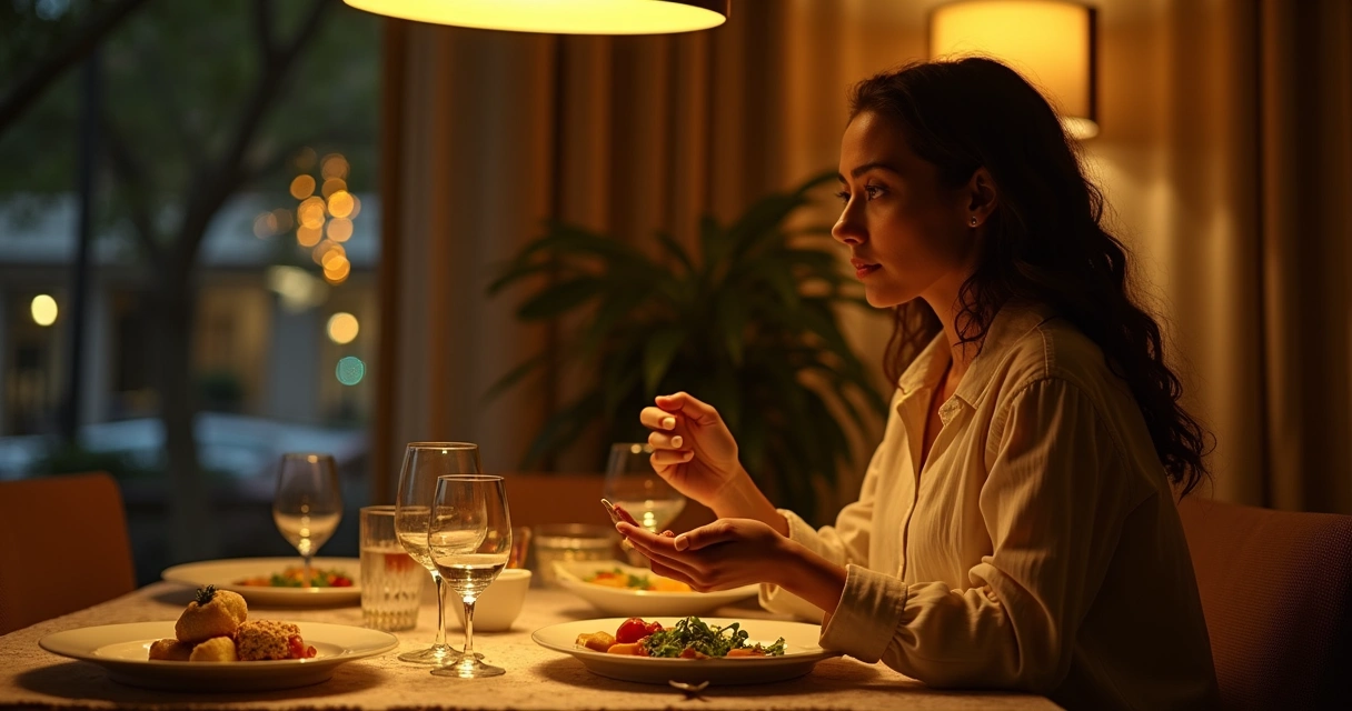 Mulher come jantar sozinha à noite, expressão pensativa, mesa posta com luz suave. 