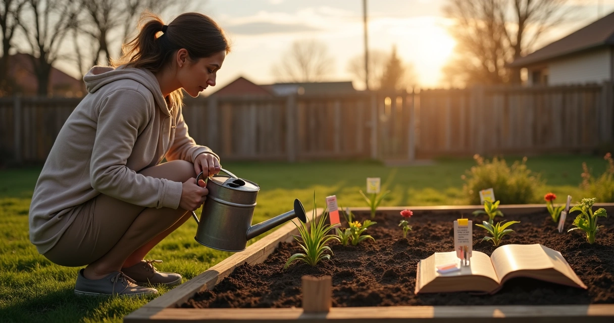 Mulher regando pequeno jardim com Bíblia aberta ao lado ao amanhecer 