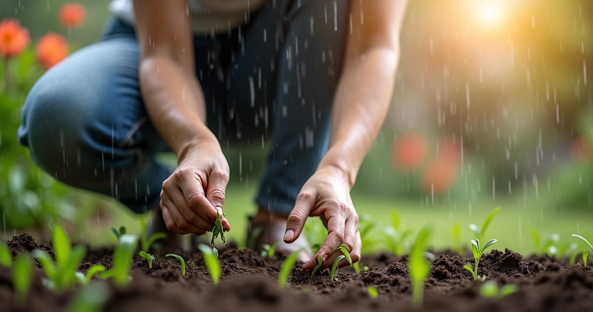 Mulher regando jardim com chuva ao fundo 