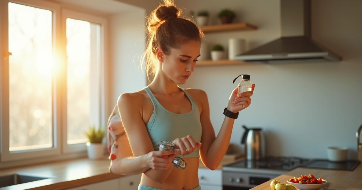 Mulher com roupas esportivas segurando uma garrafa de água e olhando para um relógio de pulso em uma cozinha iluminada