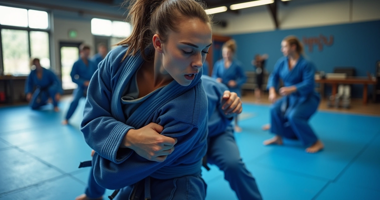 Mulher treinando jiu-jitsu em tatame, suor visível, energia e movimento 