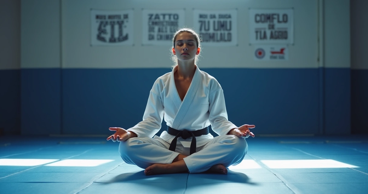 Atleta feminina sentada no tatame em traje branco de jiu-jitsu focada respirando fundo 