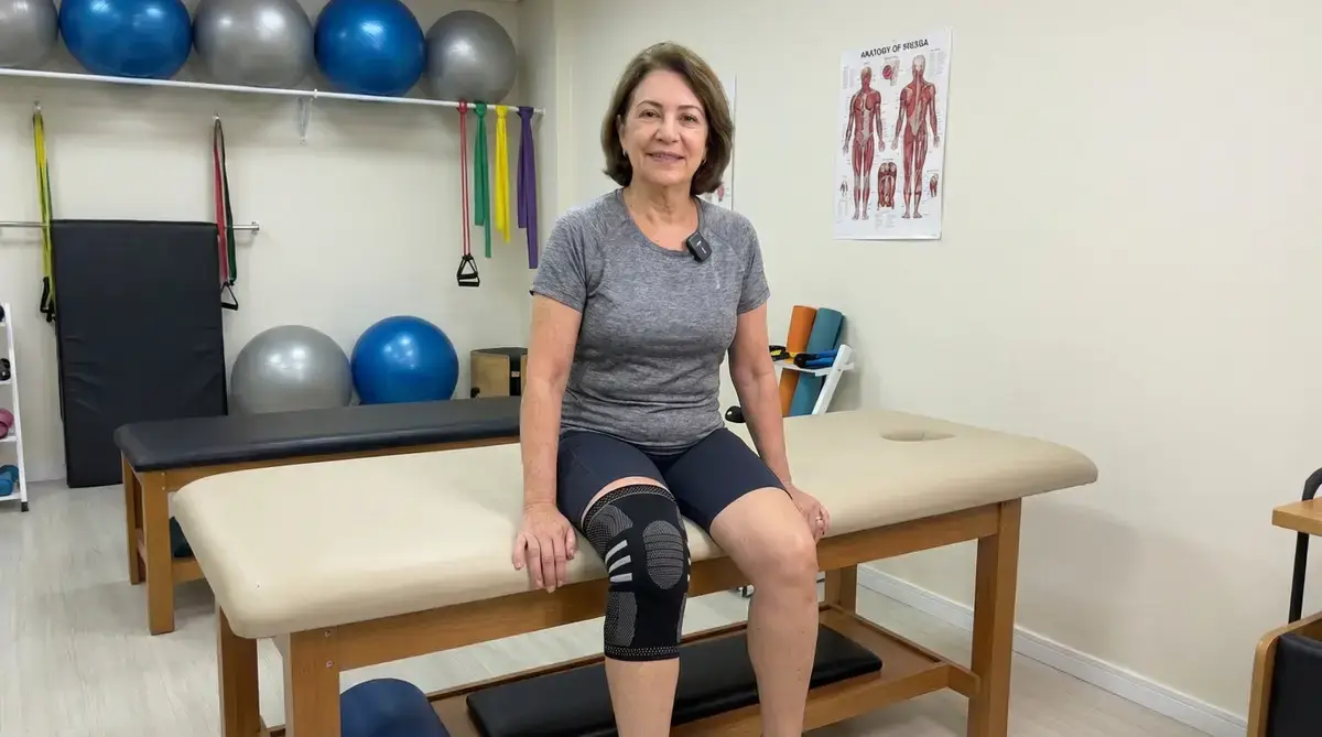 Mulher madura sentada em uma maca de fisioterapia usando joelheira de compressão preta com detalhes cinzas
