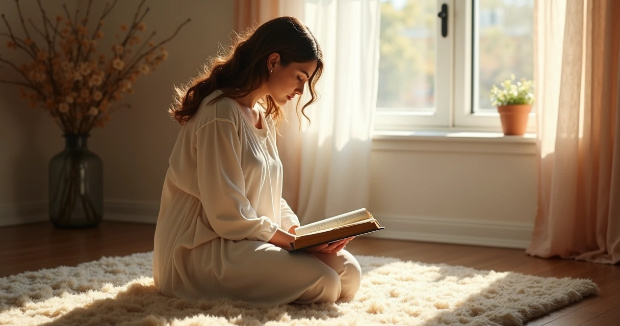 Mulher orando ajoelhada com Bíblia sob luz suave 