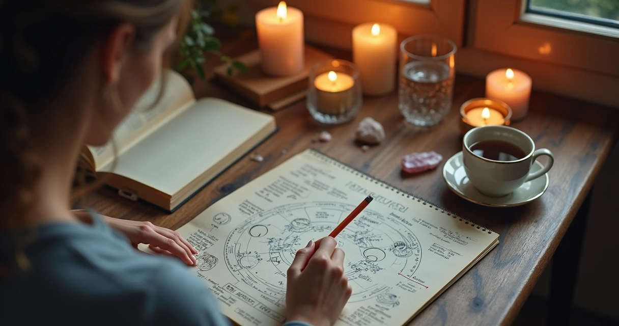 Mulher escrevendo em diário com mapa astral e velas na mesa 