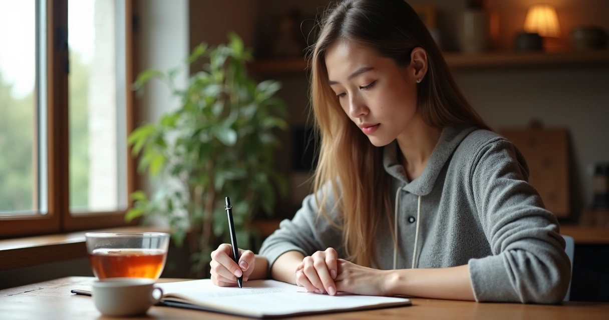Mulher escrevendo em caderno sentada à mesa, com luz suave ao redor 
