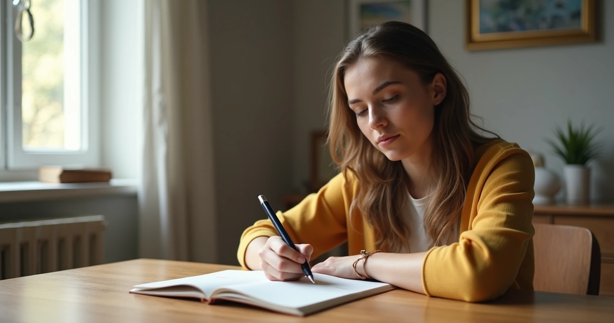 Mulher jovem escrevendo perguntas em caderno aberto 