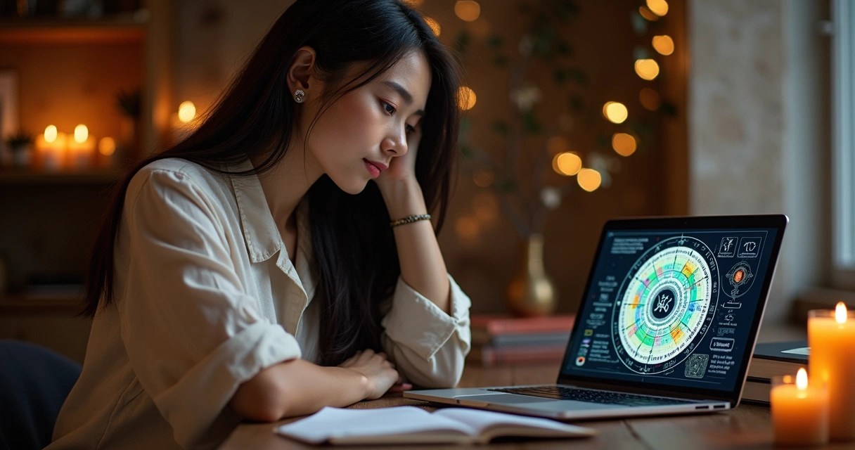 Mulher jovem faz anotações enquanto olha para um mapa astral na tela do notebook