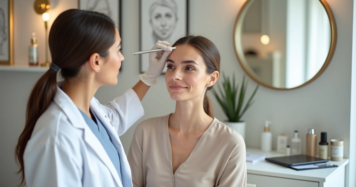 Dermatologista avalia pele do rosto de mulher jovem em sala de clínica estética moderna 