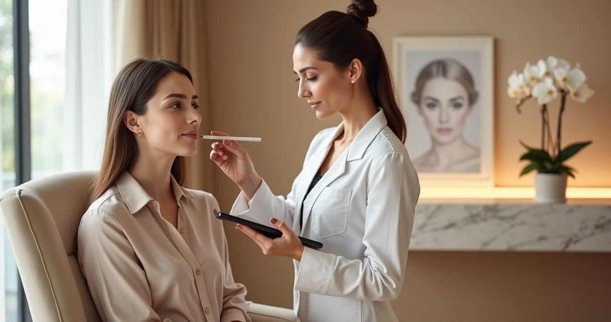 Mulher jovem de alto padrão em consulta sobre botox preventivo 