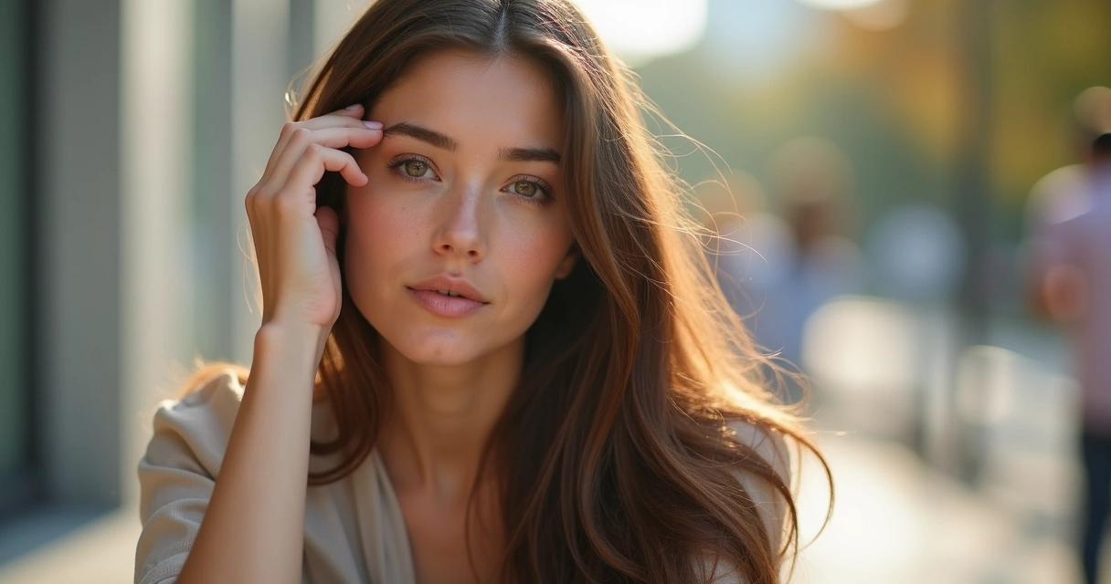 Mulher com cabelo castanho longo sentada tocando levemente o couro cabeludo 