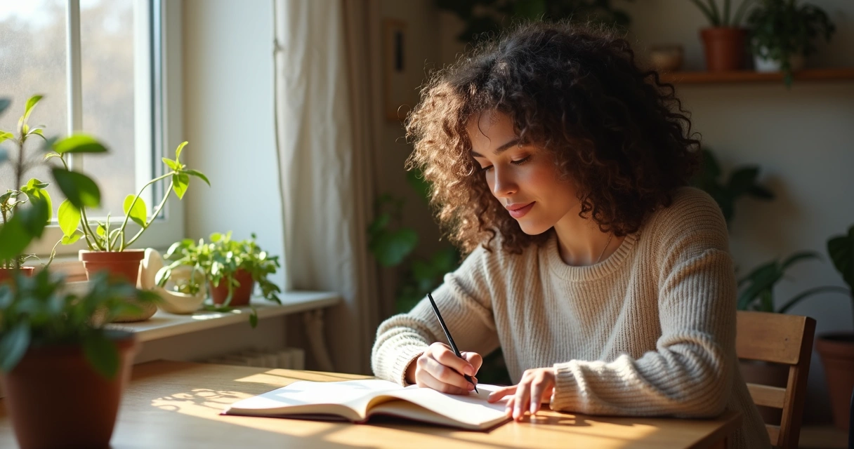Mulher jovem escrevendo em seu diário emocional sentada à mesa