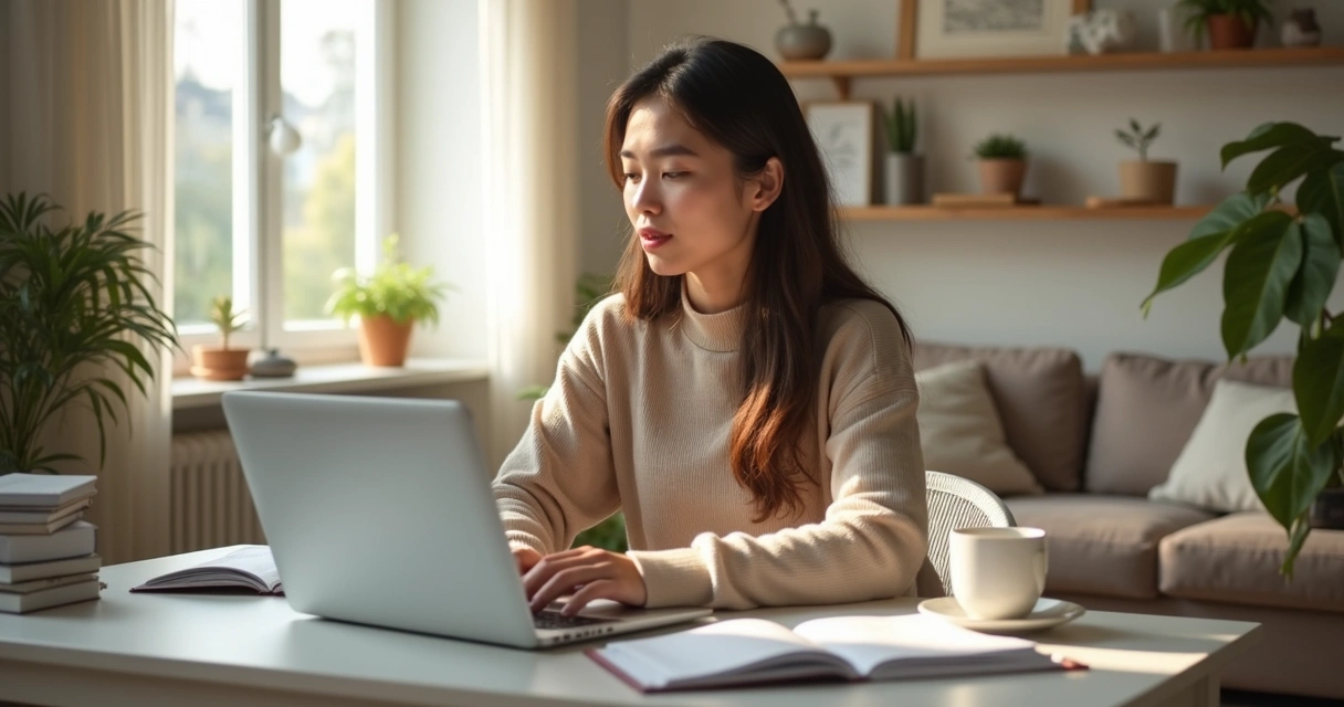 Mulher jovem estudando em casa usando notebook e cadernos 