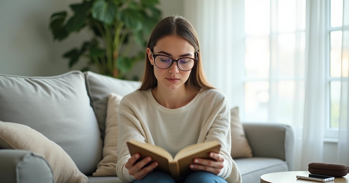 Mulher jovem segurando um livro afastado do rosto para enxergar melhor o texto 