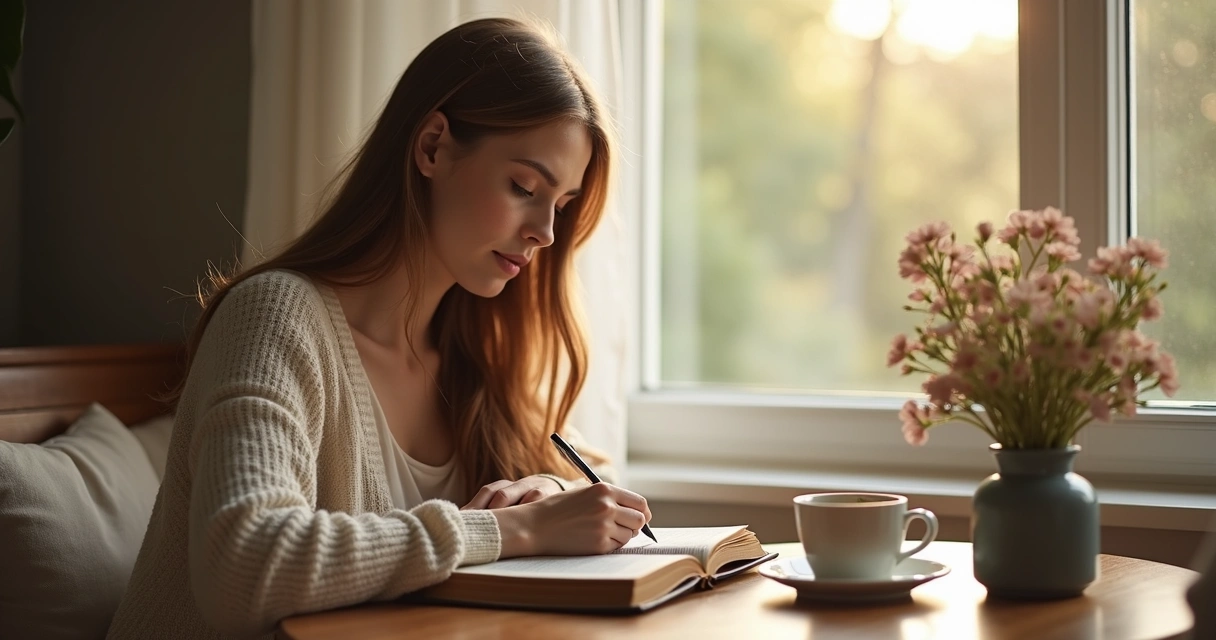 Mulher sentada refletindo em passagem bíblica perto de uma janela