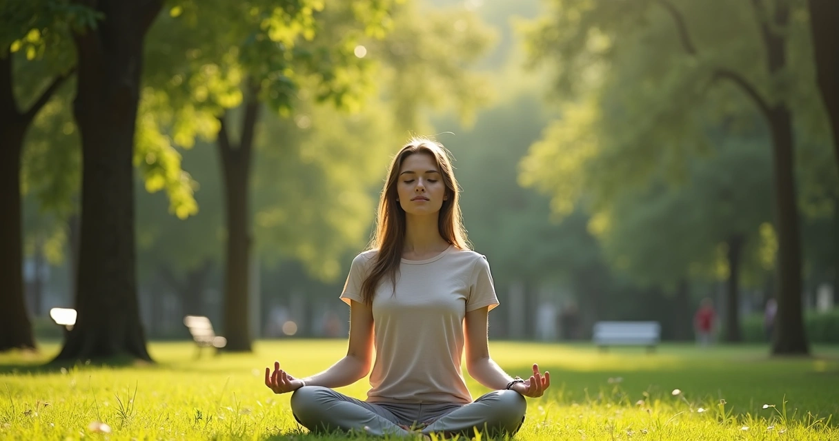 Mulher sentada em posição de meditação em parque arborizado 
