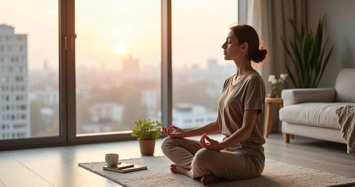 Mulher sentada meditando perto da janela em sala minimalista clara 