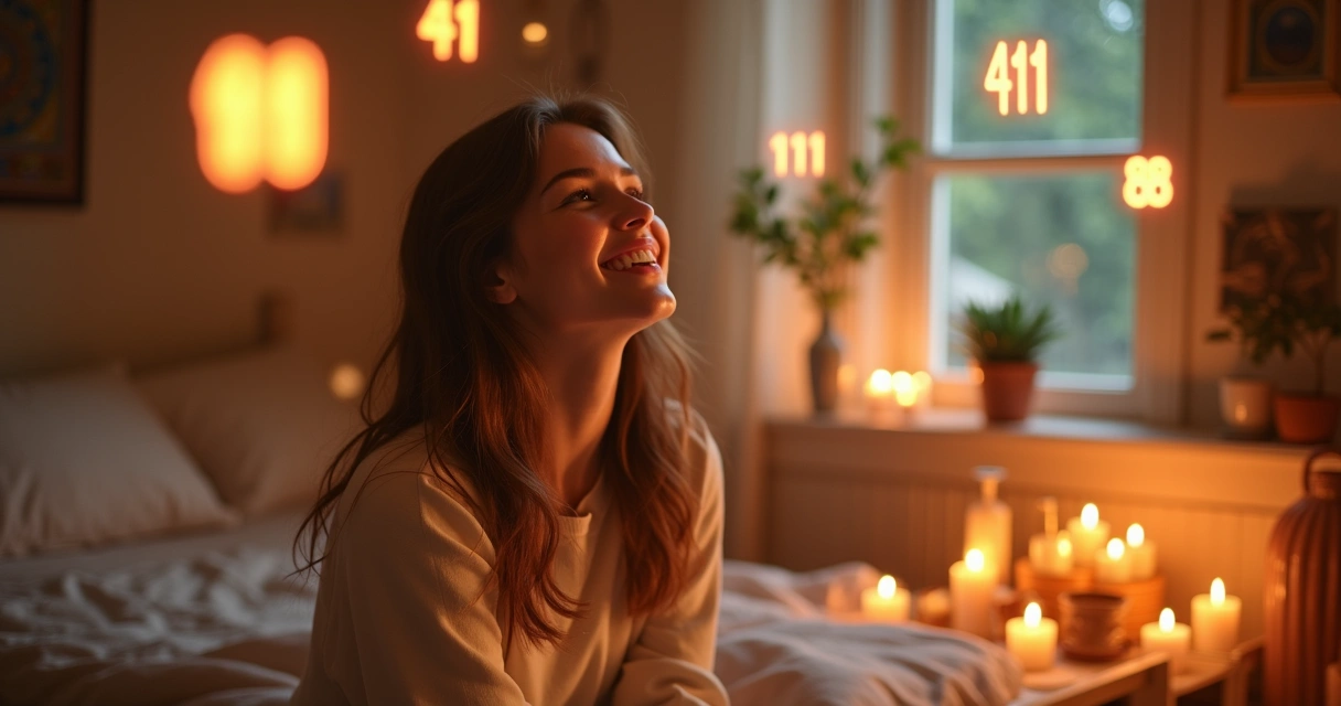 Mulher observa números luminosos flutuando em um quarto 