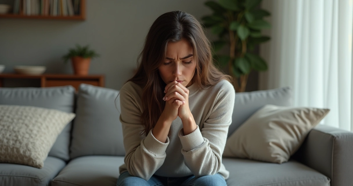 Jovem sentada no sofá com expressão preocupada, olhando para baixo 